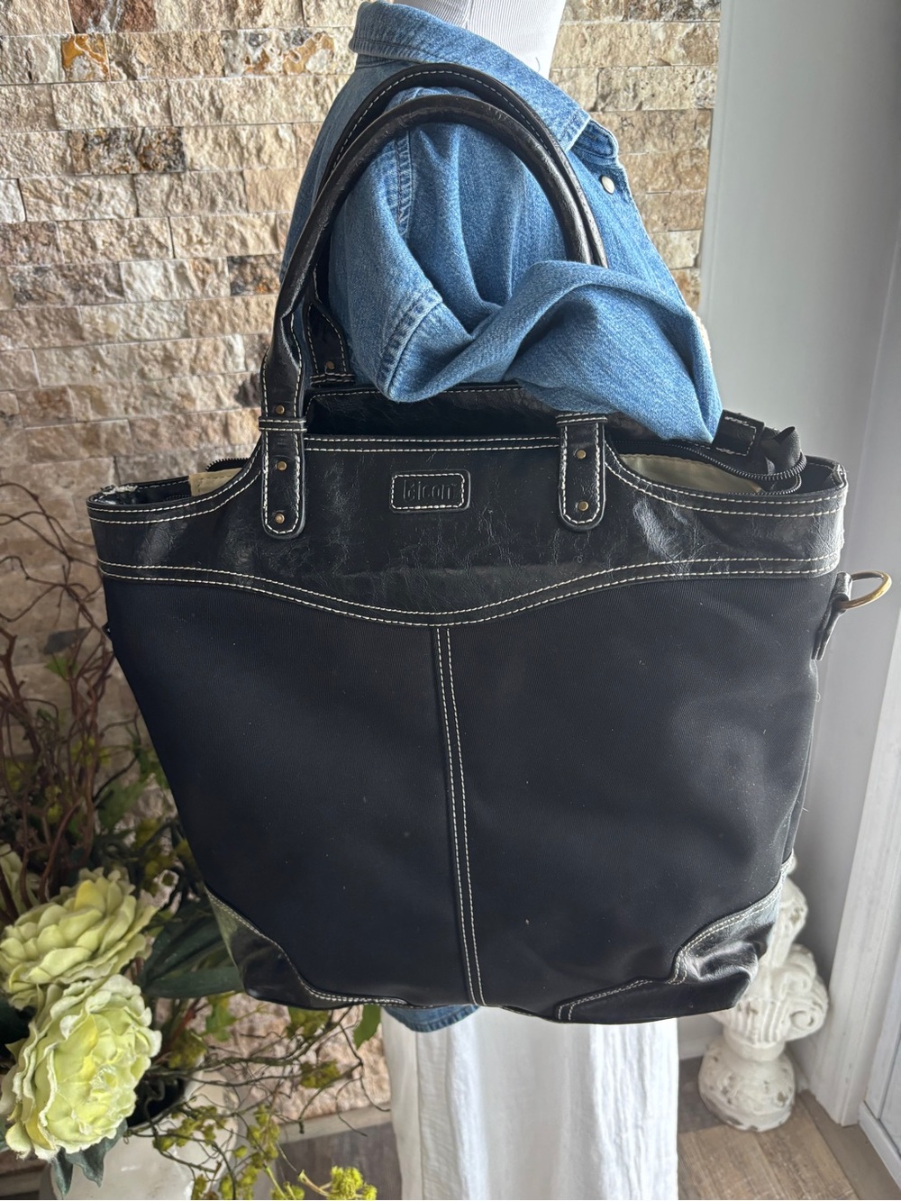 ICON Black Canvas Tote with leather trim